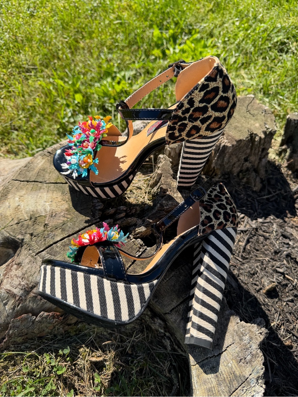 2 Lips Too Leopard & Black-White Striped Floral Platform Heels